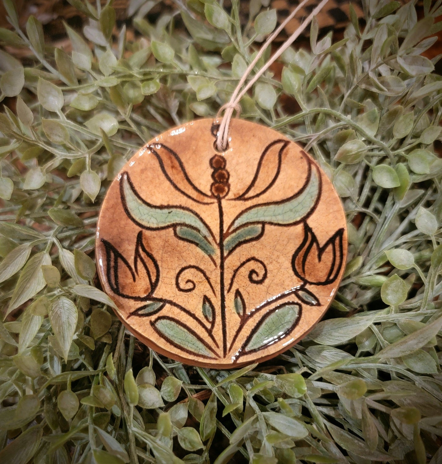 #1024FLW Redware Folk Art Flower Round Ornament